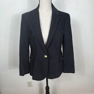 ZARA BASIC Navy One Button Blazer Jacket Women Size L Gold Button Made in Spain